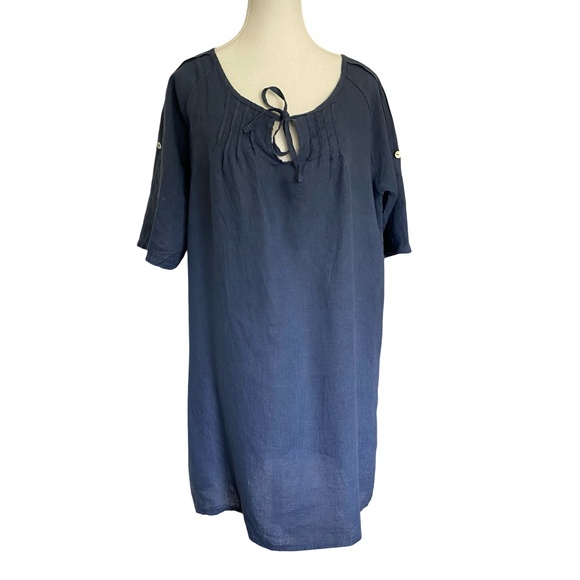 NAVY BLUE LONG 100% LINEN TUNIC / DRESS. Sz M. BOHO/LAGENLOOK. MADE IN ITALY - Picture 1 of 15